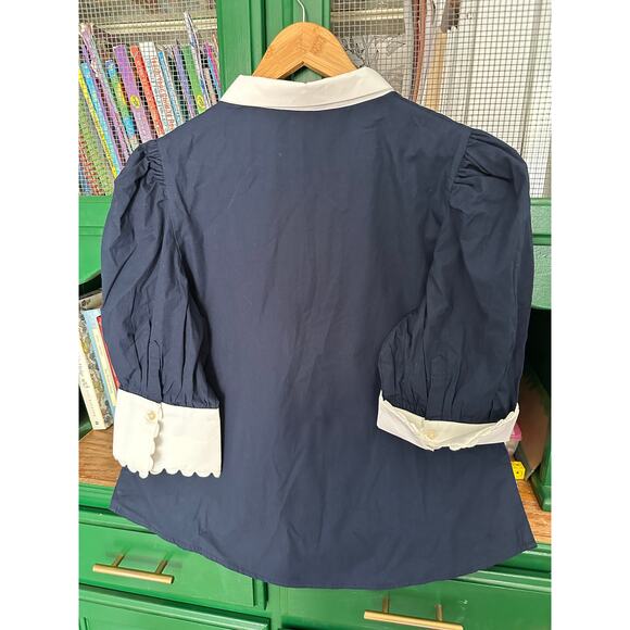 Gretchen Scott Ric Rac Roc Blouse Navy Button-Up Size Large - Picture 6 of 7